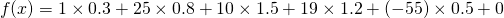 \[f(x)=1\times 0.3+25\times 0.8+10\times 1.5+19 \times 1.2+(-55) \times 0.5+0\]