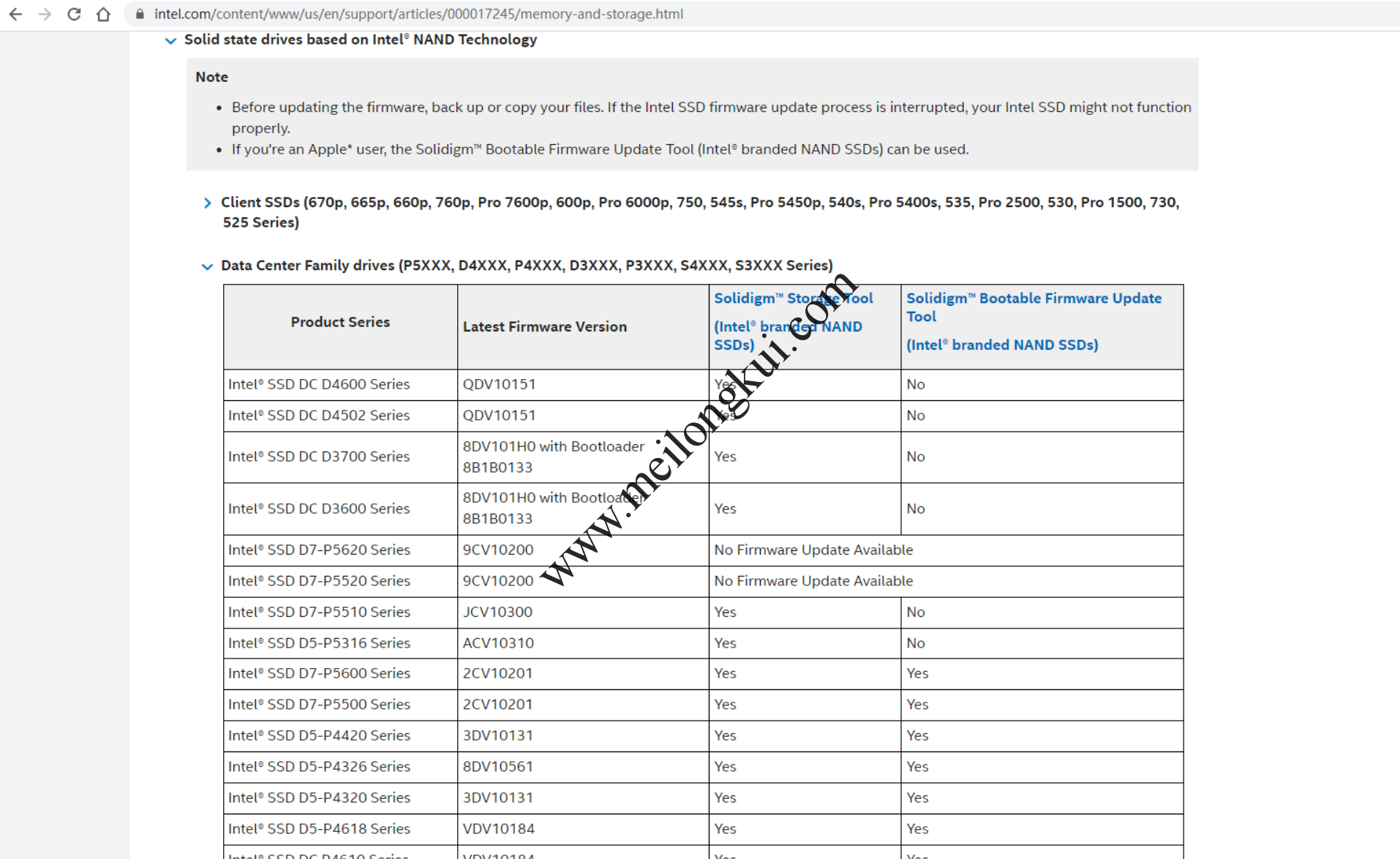 Intel SSD最新固件版本（注意选一下具体的系列）